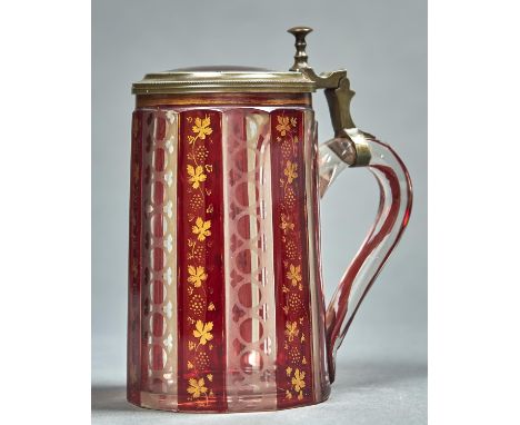 A BOHEMIAN PEWTER MOUNTED, RUBY CASED, ETCHED AND GILT GLASS TANKARD, C1860, GILT IN UPRIGHT REGISTERS WITH GRAPEVINES, THE U