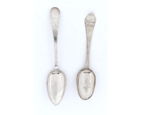 A DANISH SILVER SPOON, DOG NOSE PATTERN, THE BOWL ENGRAVED WITH A LEAF, INSCRIBED JOHAN BUSTAD, 18.5CM L, BY JOHAN HABESKIEL 