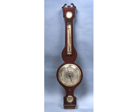 A VICTORIAN ROSEWOOD BAROMETER, JAS BARNES, EAST MARKET, GAINSBOROUGH, WITH ALCOHOL THERMOMETER, THE CASE WITH SWAN NECK PEDI
