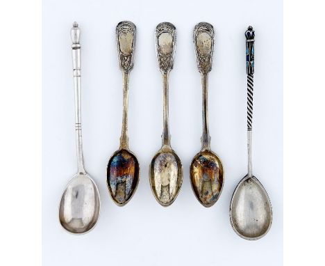 A RUSSIAN SILVER GILT AND CLOISONNE ENAMEL SPOON, MARKS OBSURED, LATE 19TH C ANOTHER RUSSIAN SILVER SPOON, MAKER JK A PELLET 