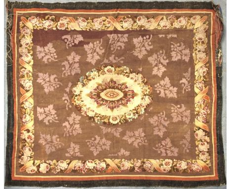 AN AUBUSSON TAPESTRY RUG, LATE 19TH C, IN LOUIS XVI STYLE, WITH OVAL MEDALLION AND ROSE-AND-RIBBON BORDER, 185 X 221CM EXCLUD