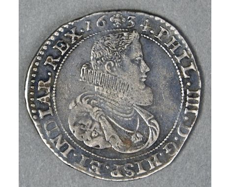 SPANISH NETHERLANDS, BRABANT, PHILIP IV, DUCATON, 1634, POSSIBLY A WRECK FIND, FINE+, WITH A BOLD PORTRAIT/VG, SOME EVIDENCE 