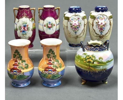 ONE AND THREE PAIRS OF NORITAKE VASES, EARLY 20TH C, ONE WITH IRIDESCENT GLAZE, THE GLOBULAR VASE PAINTED WITH A CONTINUOUS L