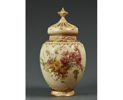 A ROYAL WORCESTER ROSE JAR, COVER AND INNER COVER, 1906, PRINTED AND PAINTED WITH NATURALISTIC FLOWERS ON A SHADED APRICOT GR