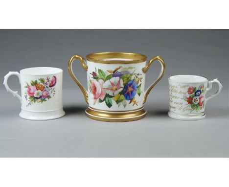 A STAFFORDSHIRE BONE CHINA LOVING CUP,&nbsp; DATED 1879, PAINTED WITH A ROSE AND MORNING GLORY AND TO THE REVERSE&nbsp; GILT 