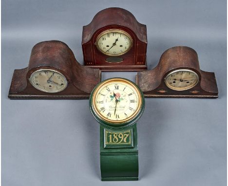 THREE MANTEL CLOCKS, TWO OAK VENEERED, ONE MAHOGANY AND AMBOYNA VENEERED WITH GEOMETRIC AND LINE INLAY TO FRONT, GLAZED LENTI