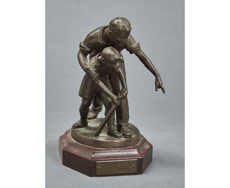 ENGLISH SCHOOL, FIRST HALF 20TH C - A YOUNG CRICKETER, BRONZE, EVEN LIGHT BROWN PATINA ON OVAL BASE, MOUNTED ON OCTAGONAL OAK