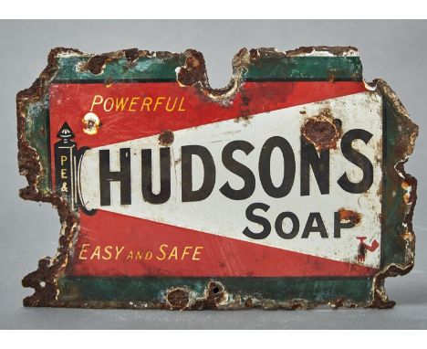 VINTAGE ADVERTISING. POWERFUL HUDSONS SOAP EASY AND SAFE ENAMEL SIGN, C1930, 21 X 33CM Damaged from rust / corrosion as evide