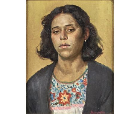 ANNE SHINGLETON (1953-) - PORTRAIT OF A WOMAN, SIGNED (IN RED), OIL ON BOARD, 24.5 X 19CM Good condition