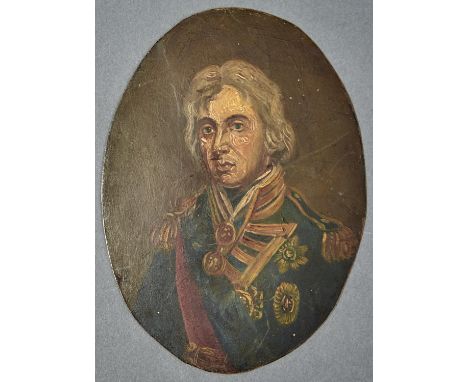 AFTER JOHN HOPPNER - PORTRAIT OF HORATIO, 1ST VISCOUNT NELSON, BUST LENGTH, OVAL, 15.5 X 11CM, UNFRAMED Much old accretion of