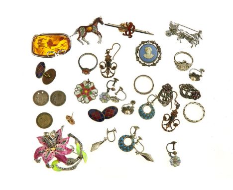 A MARCASITE AND ENAMEL ORCHID BROOCH, AN AMBER AND SILVER BROOCH AND MISCELLANEOUS SILVER, AND OTHER VINTAGE COSTUME JEWELLER