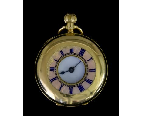An 18ct Gold Half Hunting Cased Fob Watch by Benson of London, 30mm diameter white enamel dial with black Roman baton numeral