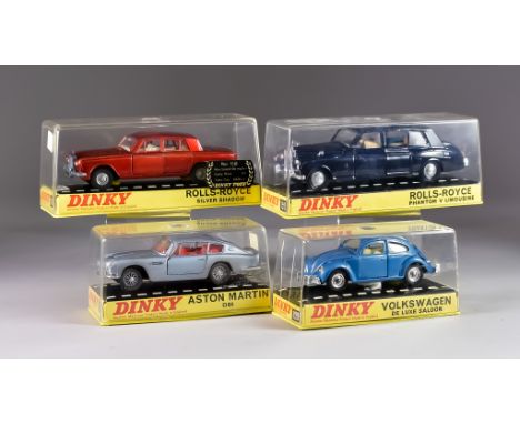 Four Dinky Toys&nbsp;Diecast Model Cars, No. 153 "Aston Martin DB6", with silver body, spoked wheels, red interior, No. 129 "