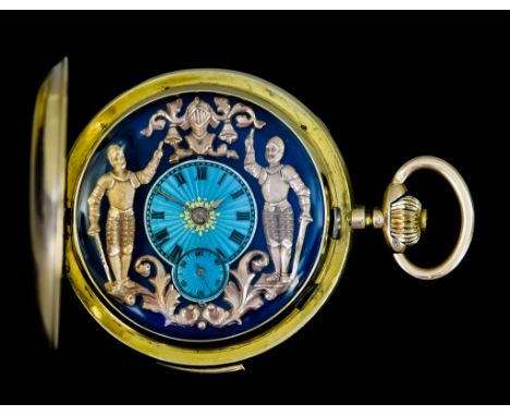 A 14ct Gold Swiss Full Hunting Cased Quarter Repeating Automaton Pocket Watch, Serial Number 32026, 58mm diameter 14ct gold c