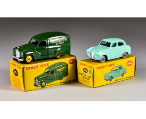 Two Dinky Toys&nbsp;Diecast Model Cars,&nbsp;No. 472 "Austin Van, Raleigh Cycles", with dark green body, yellow spun hubs, an