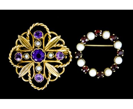 A Pearl and Amethyst Brooch, set with seed pearls and amethyst stones in a cross pattern, behind a rope and leaf background, 