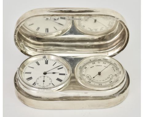 An Edward VII Silver Cased Pocket Watch/Barometer by Wright &amp; Davies, London 1906, of rectangular form with rounded ends,