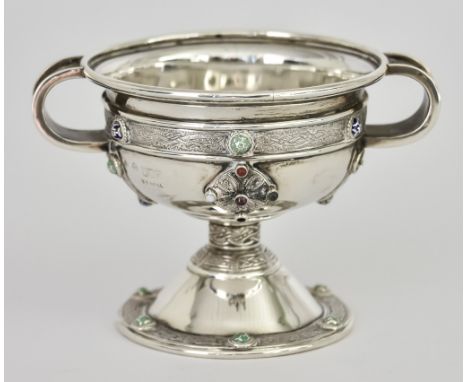A George V Irish Silver Replica of The Ardagh Chalice by Sharmand D Neill Dublin 1911, with Celtic motif banding and applied 