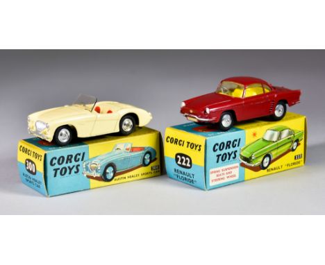 Two Corgi Toys&nbsp;Diecast&nbsp;Model Cars, No. 300 "Austin Healey Sports Car", with cream body with silver detailing, shape