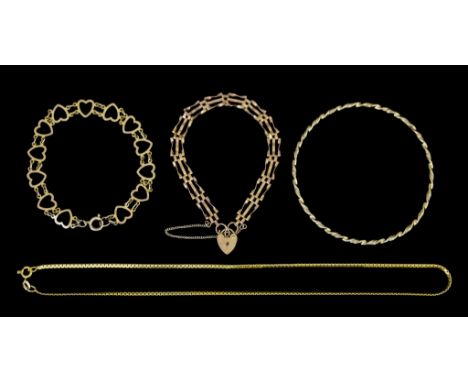 A Quantity of 9ct Gold, comprising - a stiff bangle,&nbsp; an interspaced heart bracelet, a three bar gate bracelet, and a sm