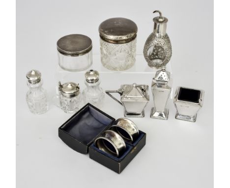 An Edward VIII Silver Three-Piece Condiment Set and Mixed Silver, the condiment set by R R, Birmingham 1936, of Art Deco desi