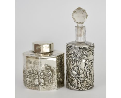 A Late Victorian Silver Mounted and Glass Scent Bottle and a George V Tea Caddy, the scent bottle with mount by Henry Matthew
