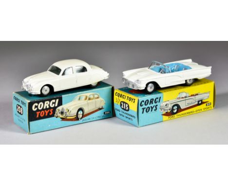 Two Corgi Toys&nbsp;Diecast&nbsp;Model Cars, No. 215 "Ford Thunderbird - Open Sport", with white body with silver detailing, 