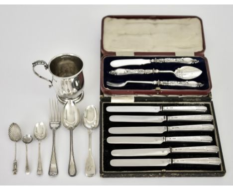 An Elizabeth II Silver Christening Mug and Mixed Flatware, the mug by Adie Bros. Ltd., Birmingham 1961, with plain body leaf 