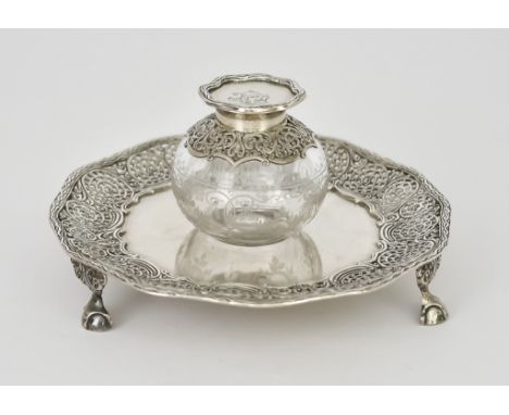 A Victorian Silver Circular Ink Stand and Silver Mounted Inkwell by George Fox, London 1877, the stand of circular form with 