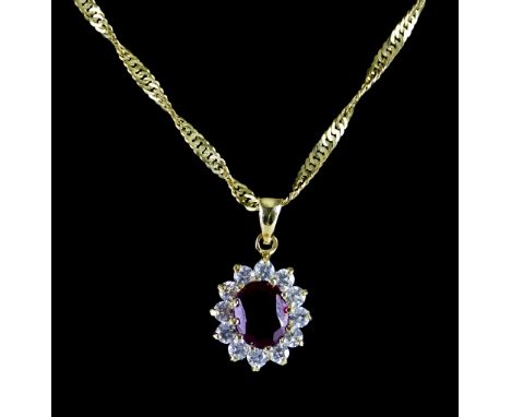 An 18ct Gold Ruby Pendant, suspended from a 9ct gold flat curb chain, pendant set with a faceted red stone surrounded by face