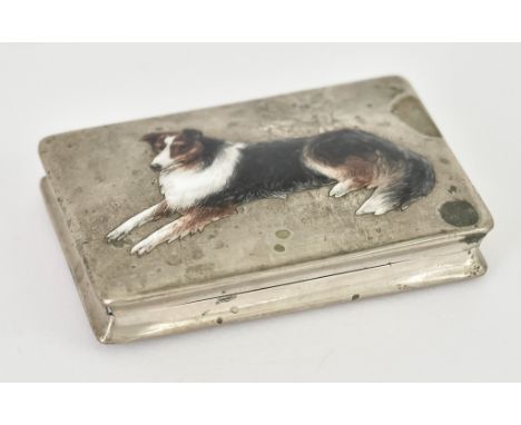 A Continental Silver and Enamel Rectangular Snuff Box stamped 800 Standard the lid enamelled with a recumbent dog 3ins x 2.12