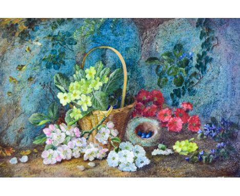 Oliver Clare (1853-1927) - Oil painting - Still life of primroses, violets, apple blossom and a nest of eggs, signed, canvas,