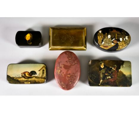 Six Snuff Boxes, comprising a rectangular papier mache snuff box, the lid painted with a couple hunting, 3.375ins x 2.25ins, 