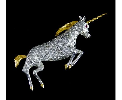 A Diamond Set Brooch, yellow and white metal in the form of a unicorn, 60mm x 25mm, total gross weight 11.5gThe item presents