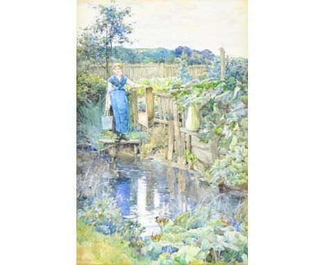 Alfred Parsons (1847-1920)&nbsp;- Watercolour - Pastoral river scene of lady holding bucket ahead of a vegetable patch, signe
