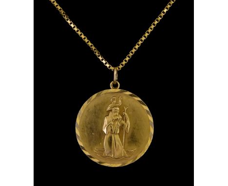 A 9ct Gold St Christopher Medallion, suspended from a fine 9ct gold box chain, medallion 25mm on diameter, chain approximatel