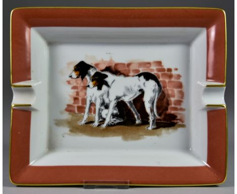 A Hermes Porcelain Rectangular Ashtray, decorated with two hunting dogs, gilt edged, 6.25ins x 7.75ins