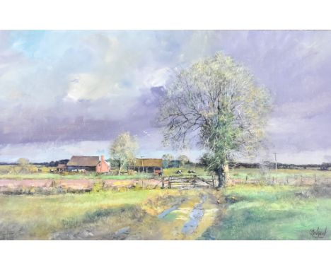 *** Clive Madgwick (1934-2005) - Oil painting -&nbsp; "Norfolk Farm Scene" - Stormy country view with track with gate and tre
