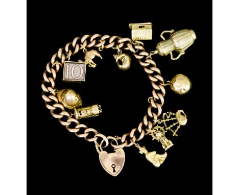 A 9ct Gold Charm Bracelet with padlock clasp, eleven suspended charms, various, total gross weight 46.8gThe bracelet presents