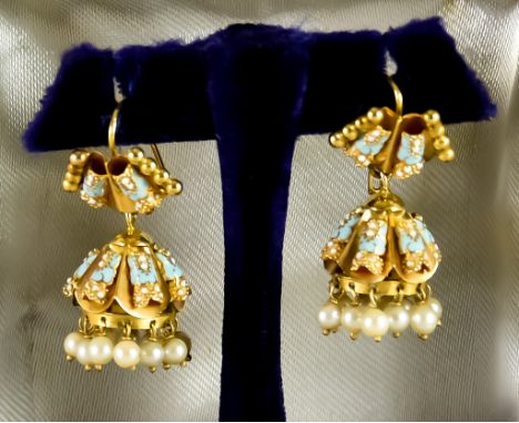 A Pair of Eastern Chandelier Earrings,&nbsp;for pierced ears, set with blue enamel seed pearls and suspended seed pearls, in 