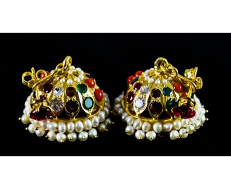 A Pair of Eastern Chandelier Earrings, for pierced ears, embellished with faceted gem stones, total gross weight 15.6g
Note: 