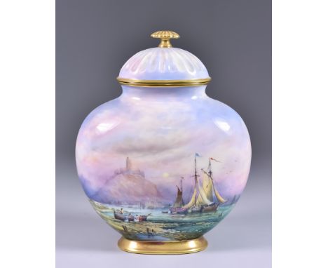 A 20th Century Bone China Bulbous Vase and Cover of Flattened Form,&nbsp;decorated by Stefan Nowacki, with a view of Mont St.