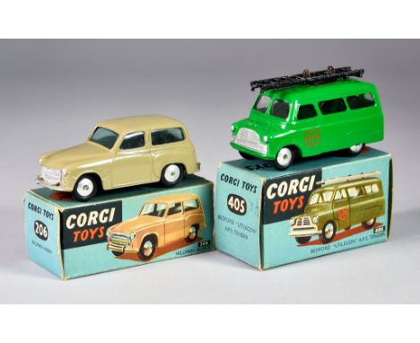 Two Corgi Toys&nbsp;Diecast&nbsp;Model Cars, No. 206 "Hillman Husky", with light brown body with silver detailing, spun hubs,