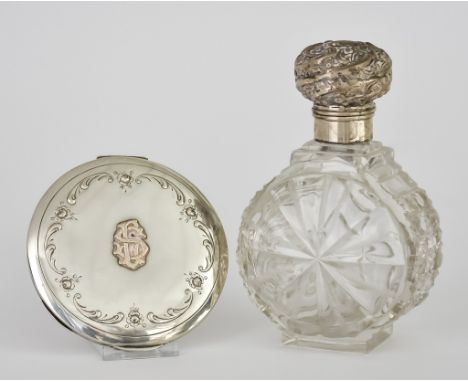 A Continental Silver and Gilt Metal Mounted Circular Compact and a Silver Mounted and Glass Scent Bottle,&nbsp;the compact&nb