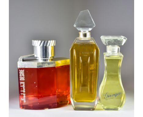 Three Factice Glass Display Perfume Bottles, comprising: - Alfred Dunhill Designer, with plated mount 11ins high, Yastis de G