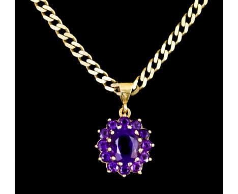 A 9ct Gold Amethyst Pendant, in the form of a&nbsp;flower head set with faceted amethyst stones, suspended from 9ct gold flat