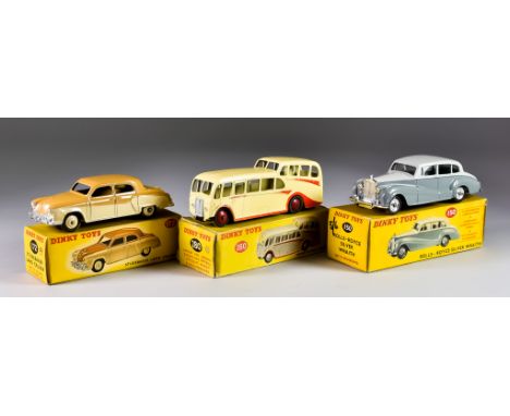 Three Dinky Toys&nbsp;Diecast Model Cars, No. 280 "Observation Coach", with cream body with red highlights, red spun hubs, No