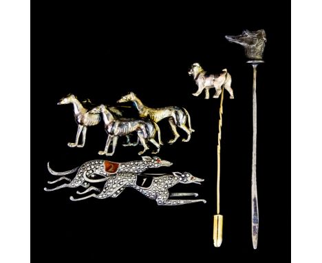 A Small Selection of Greyhound/Dog Related Items, comprising - a silver marcasite brooch of two racing greyhounds, 55mm x 20m