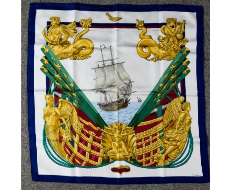 A Hermes 'Zephyr' Silk Scarf designed by Julia Abadie, with blue border 36ins square with Hermes scarf boxBox - There is a cr
