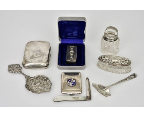 A George V Silver and Enamel Matchbook Holder and Mixed Silverware, the matchbook holder by S J Rose &amp; Son, Birmingham 19